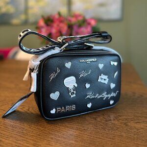 NWT！NEW! Karl Lagerfeld Maybelle Camera Double zip Crossbody Women Bag -Black Pi